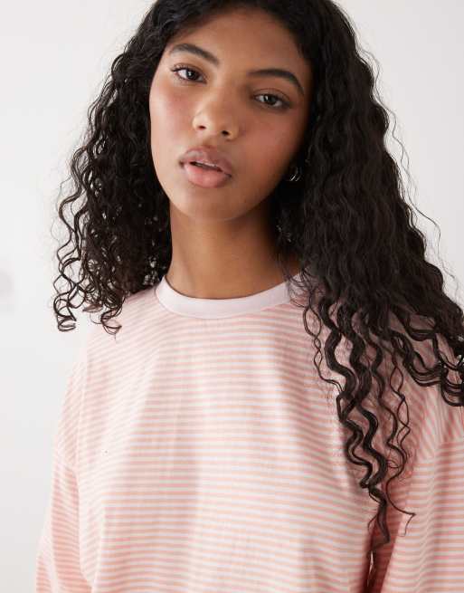 Monki oversized longsleeved t-shirt with side slits in pink and coral stripe, 3 of 4