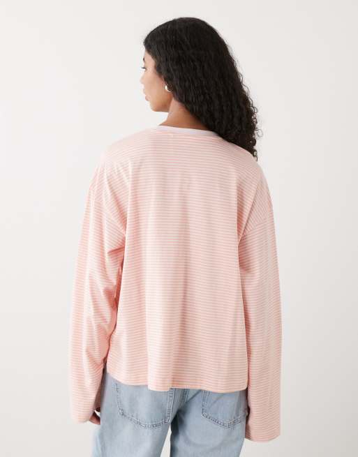 Monki oversized longsleeved t-shirt with side slits in pink and coral stripe, 4 of 4