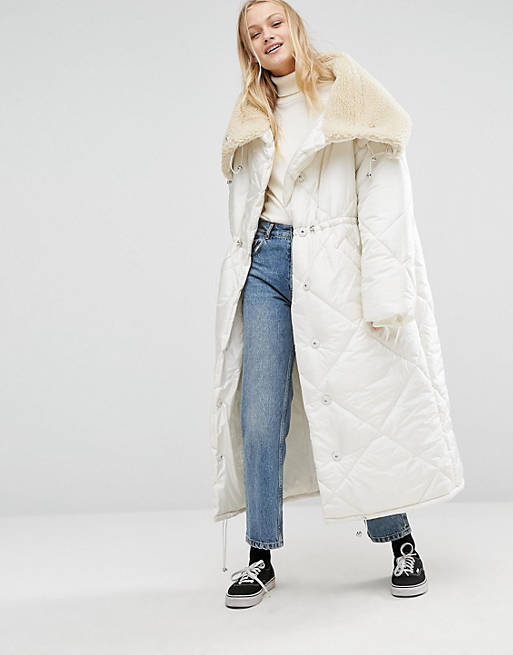 Monki Oversized Maxi Padded Jacket With Faux Fur Collar