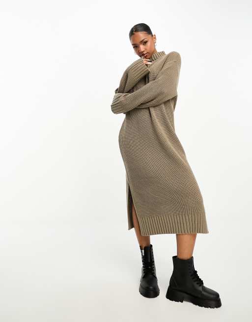 Monki oversized midi jumper dress with side splits in dark beige ASOS