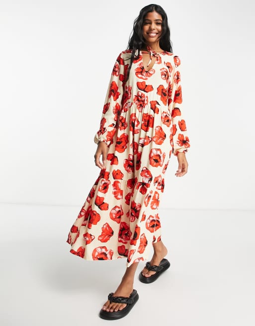 microfoon Postcode Gluren Monki - Oversized midi-jurk met strokenrok en oversized klaprozenprint |  ASOS