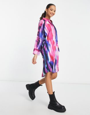 Monki oversized mini shirt dress in pink and purple abstract print