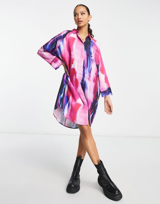 Monki oversized mini shirt dress in pink and purple abstract print