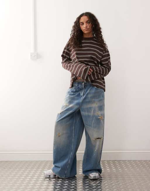 Monki - Oversized og langærmet chokoladebrun T-shirt med sideslidser og striber, 2 af 4