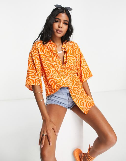 Monki - Oversized orange skjorte med hvirvelprint - ORANGE, 4 af 4
