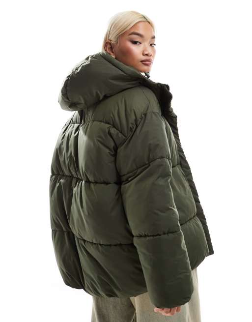 Monki oversized padded coat in khaki ASOS