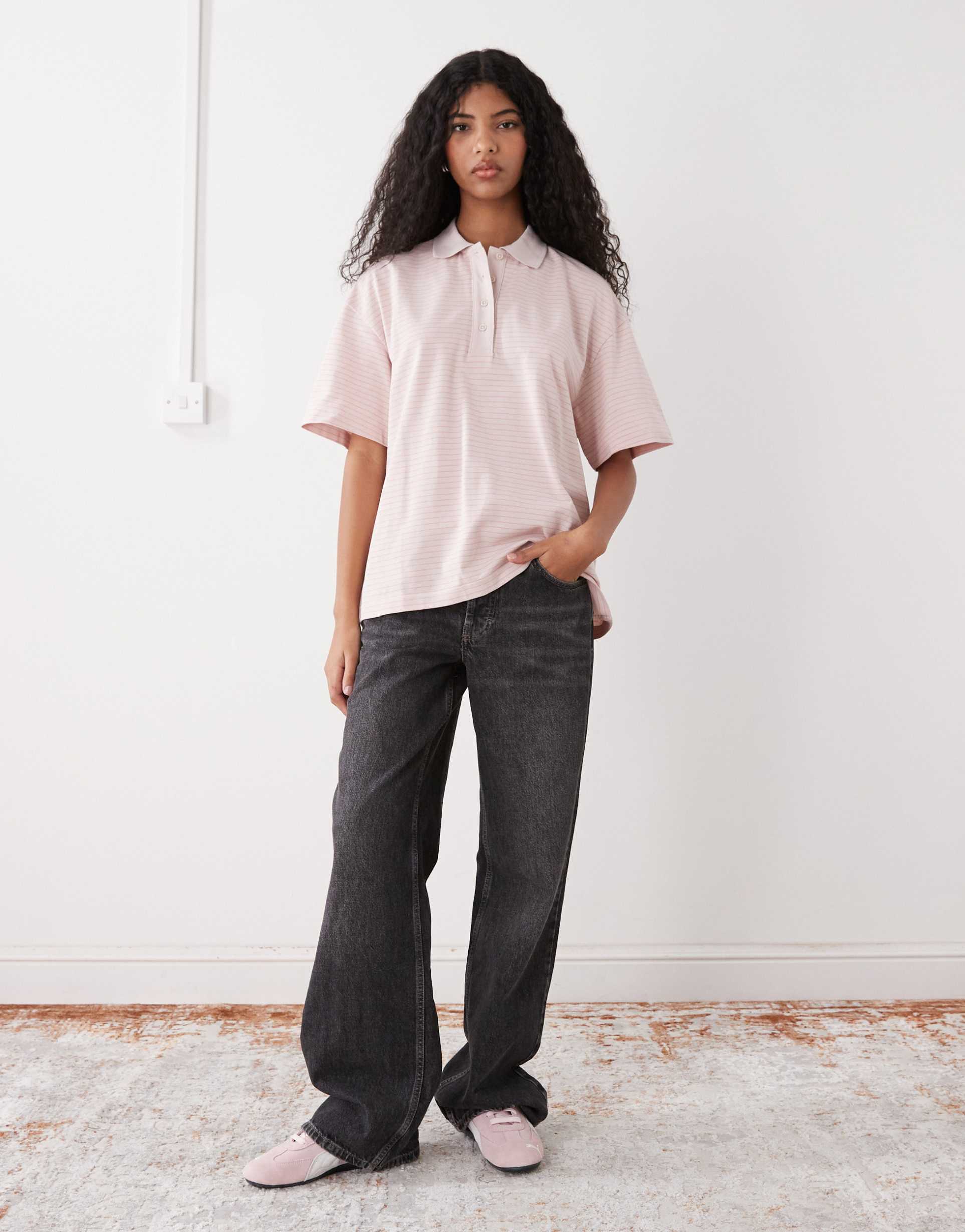 monki oversized rugby polo in pink stripe