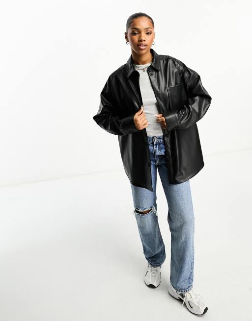 Monki - Oversized shacket van imitatieleer in zwart