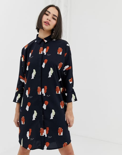 Monki oversized shirt dress in navy face print