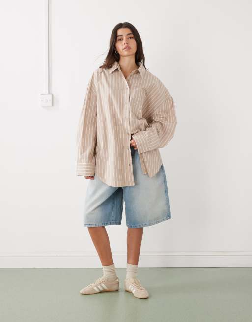 Monki oversized shirt in beige stripe, 2 of 4