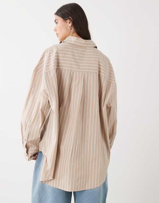 Monki oversized shirt in beige stripe, 3 of 4