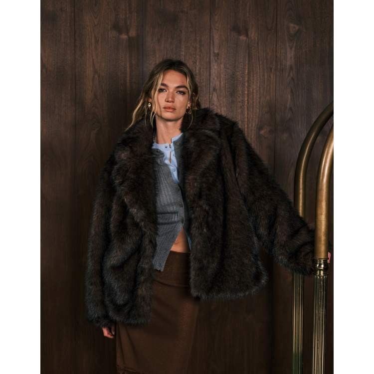 Monki oversized short faux fur coat with collar detail in dark
