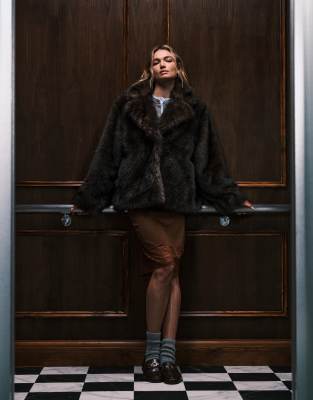 Monki Oversized Short Faux Fur Coat With Collar Detail In Brown