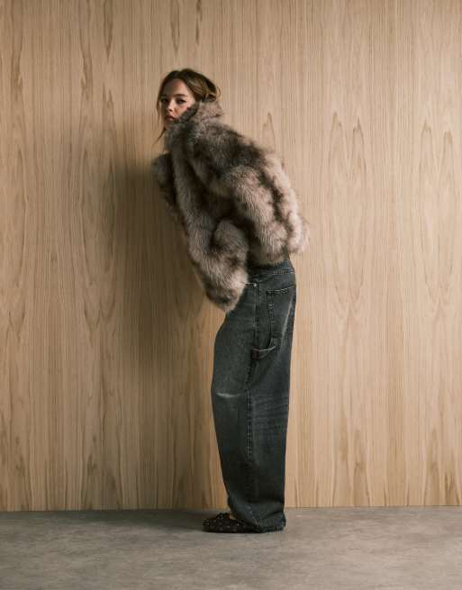 Monki oversized short faux fur coat with collar detail in neutral