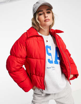 Monki Oversized Short Padded Jacket In Red