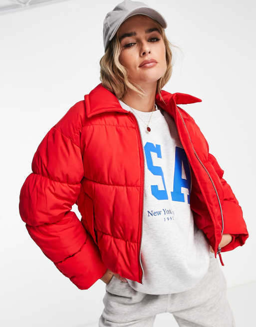 Monki oversized short padded jacket in red | ASOS