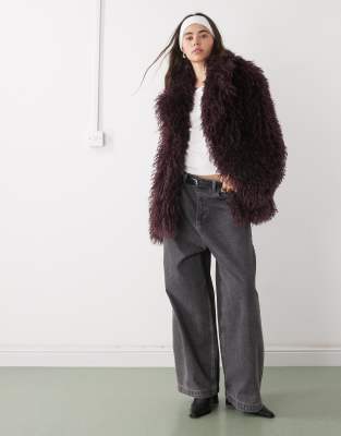 Monki Oversized Short Shaggy Faux Fur Coat With Collar Detail In Burgundy