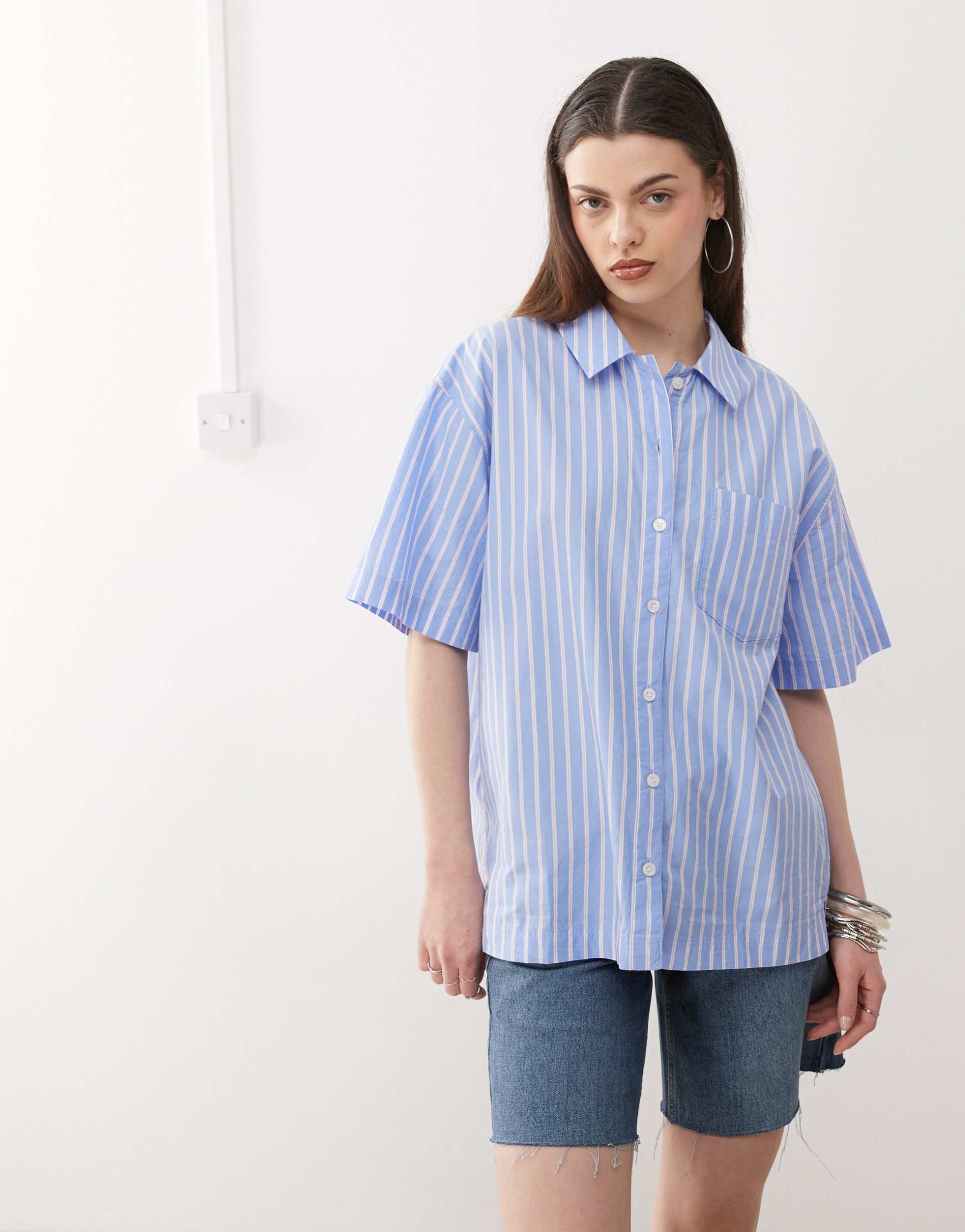 monki oversized short sleeve shirt in blue stripe