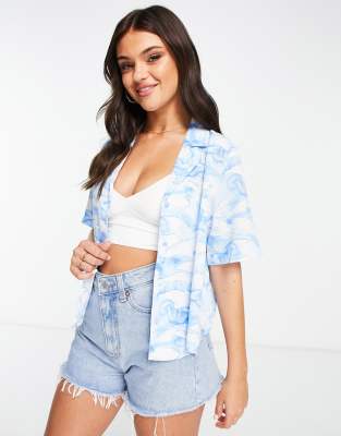 Monki Oversized Short Sleeve Shirt In Blue Wave Print-multi