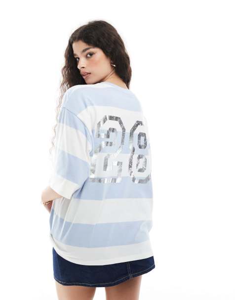 Monki oversized short sleeve t-shirt with varsity back print in blue and white stripe - view 1