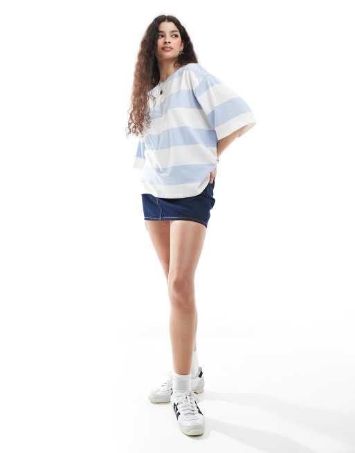 Monki oversized short sleeve t-shirt with varsity back print in blue and white stripe, 4 of 4