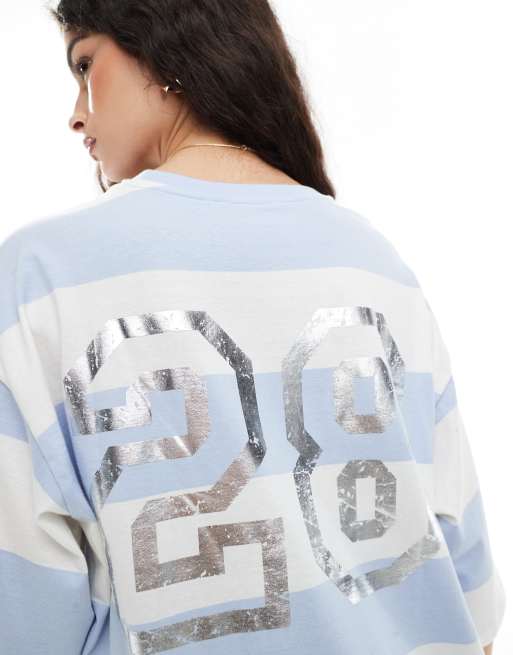 Monki oversized short sleeve t-shirt with varsity back print in blue and white stripes, 3 of 4