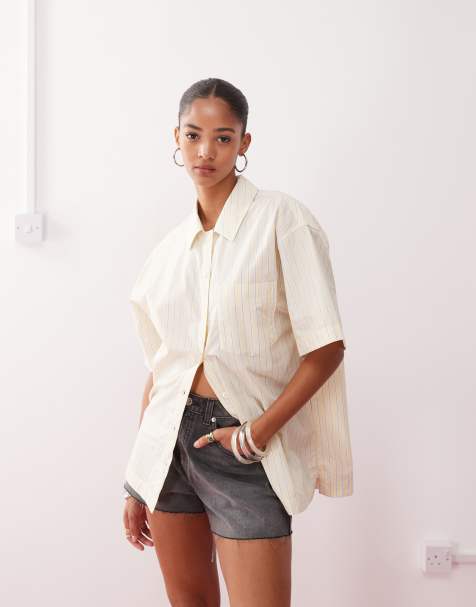 Monki oversized short sleeved shirt in white and butter yellow stripe - view 1