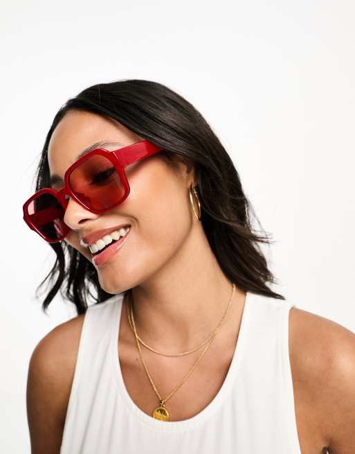 Monki oversized square sunglasses in red, 4 of 4