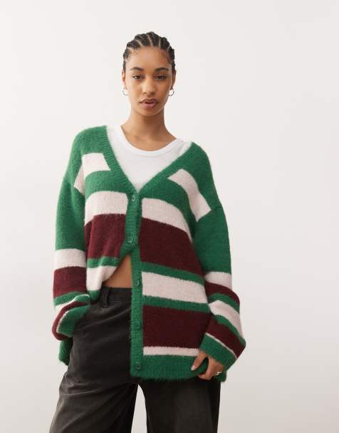 Monki oversized cardigan in burgundy and pink stripe