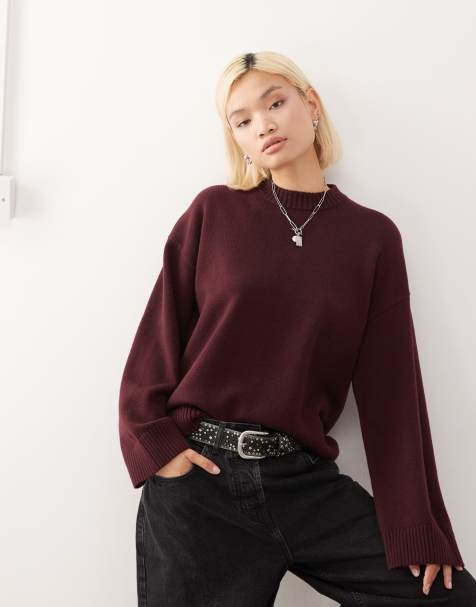 Monki oversized sweater with dropped shoulders in burgundy - view 1