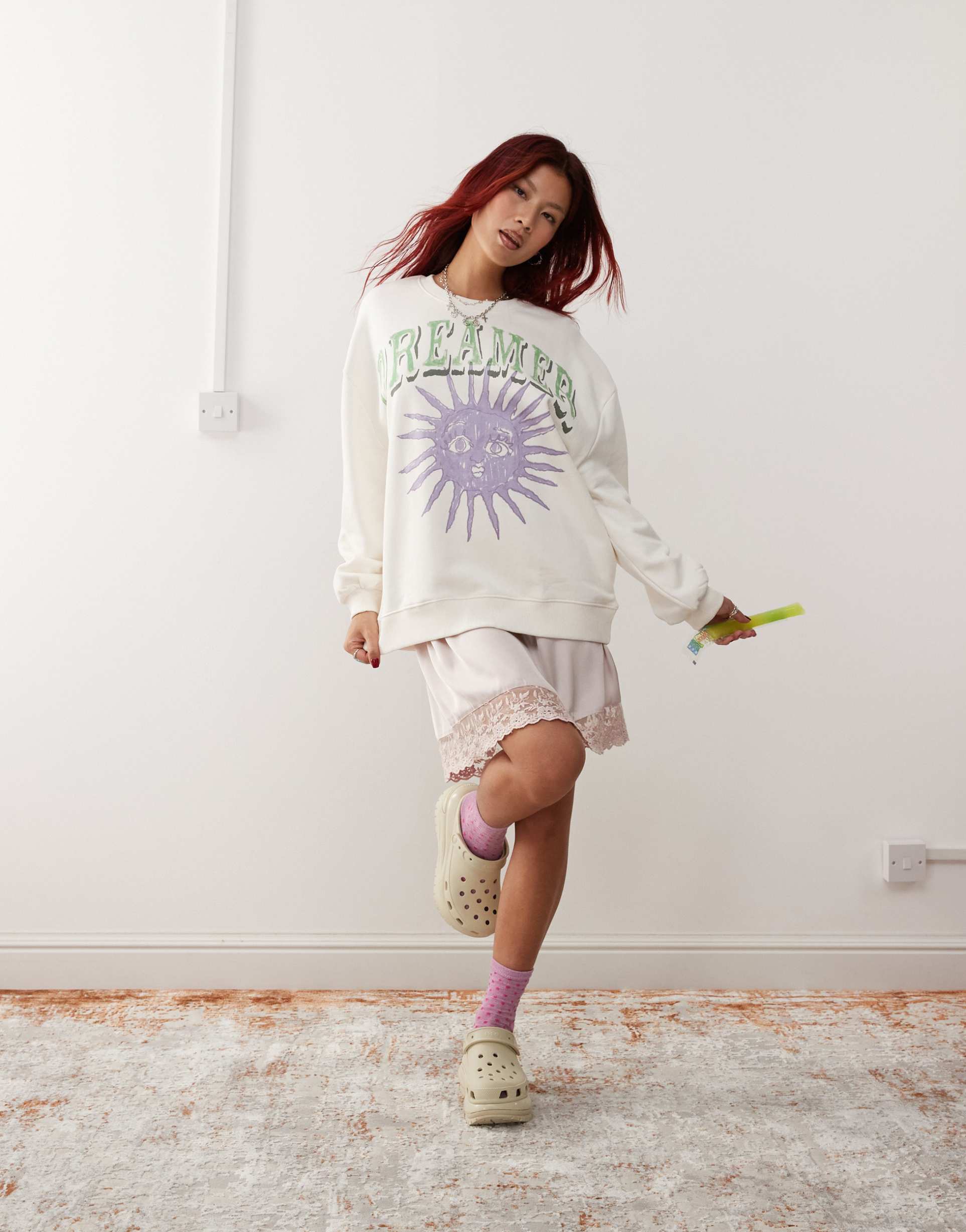 monki oversized sweatshirt in white with dreamer front print