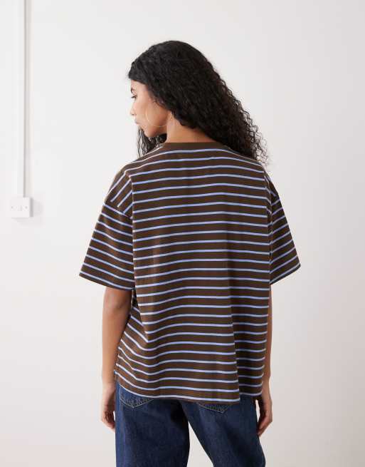 Monki oversized T-shirt in chocolate and blue stripe, 3 of 4