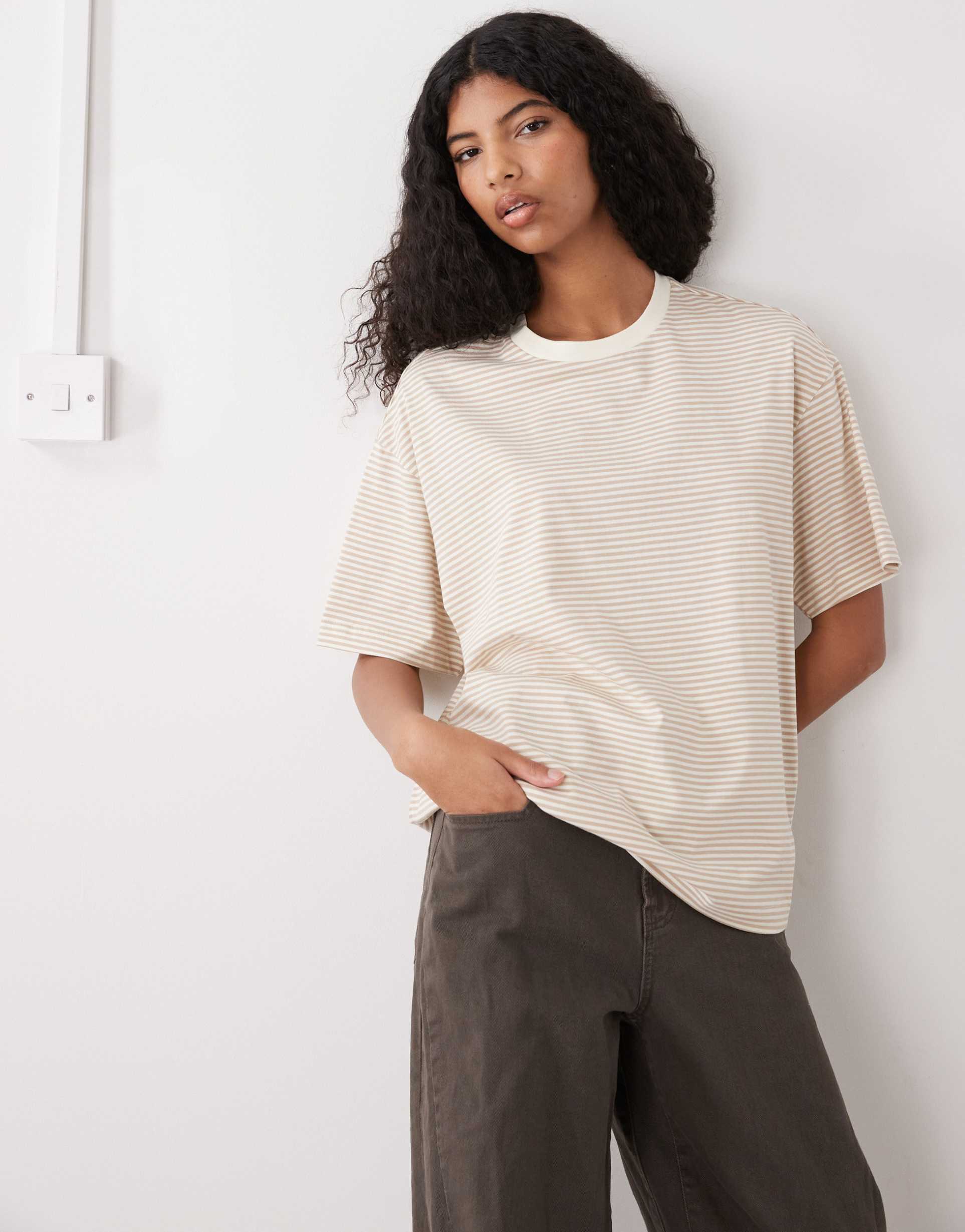 monki oversized t-shirt in lemon and mocha stripe