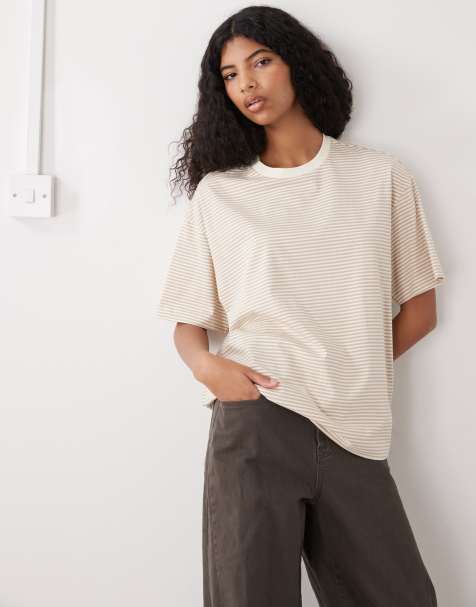 Monki - Oversized T-shirt med citrongule og mokkabrune striber - view 1