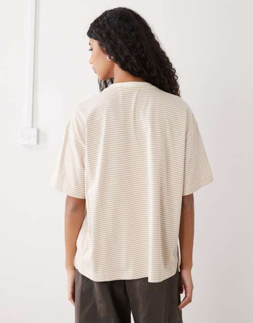 Monki - Oversized T-shirt med citrongule og mokkabrune striber, 4 af 4
