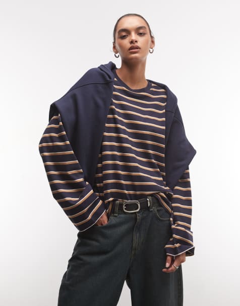 Monki oversized T-shirt met lange mouwen in navy- en bruine streep - view 1