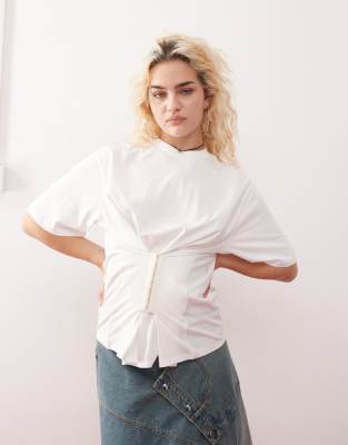Monki Monki oversized t-shirt with corset waist in white