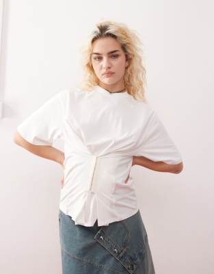 Monki oversized t-shirt with corset waist in white