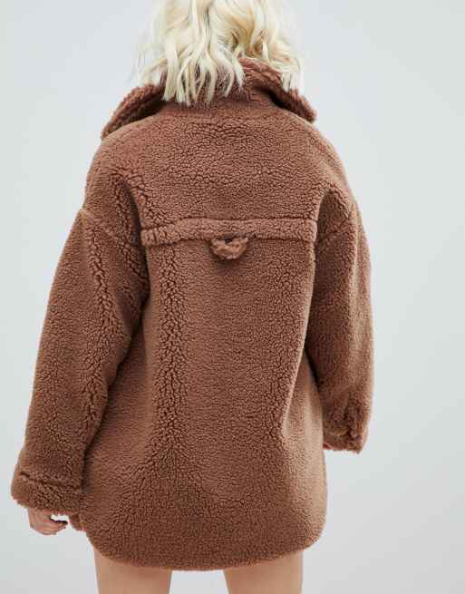 Monki oversized teddy jacket in brown