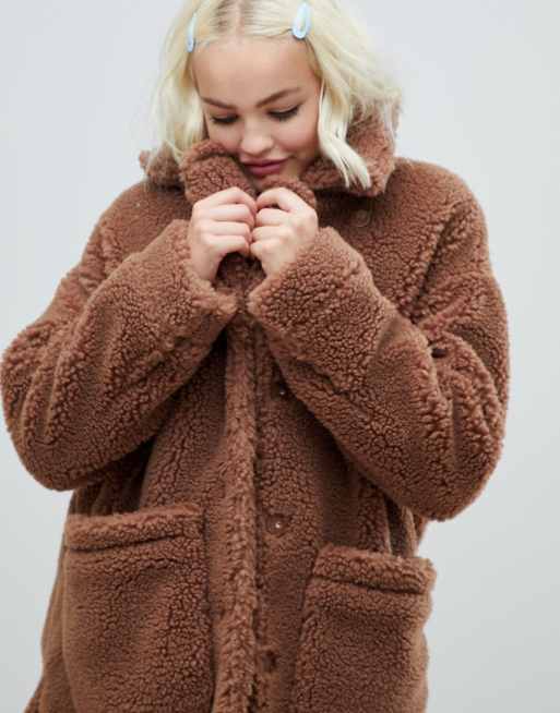 Monki oversized teddy jacket in brown