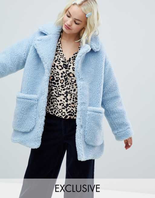 Monki oversized teddy jacket in light blue