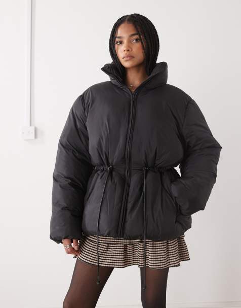 Monki oversized tie cinch waist puffer jacket in black - view 1