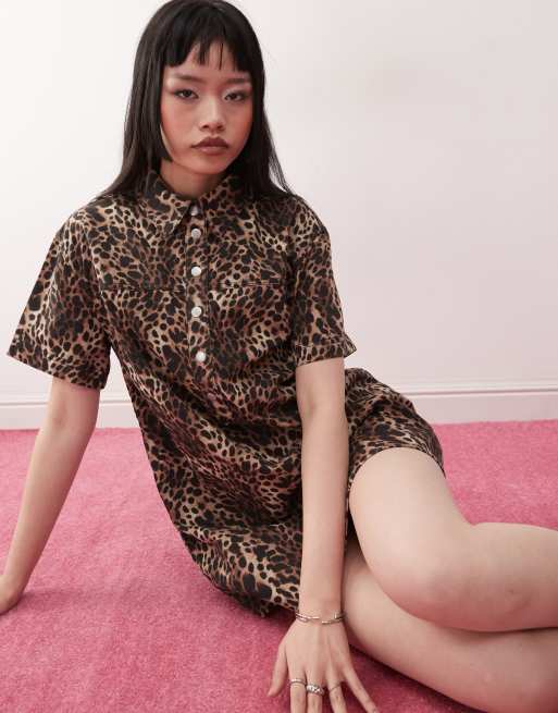 chinese dress ladies Petite Leopard Print Button Through Shirt Dress  Ro&Zo