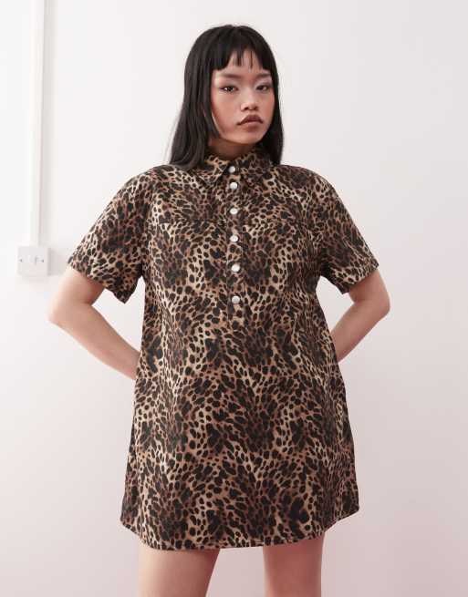 Monki oversized twill shirt dress in leopard print ASOS