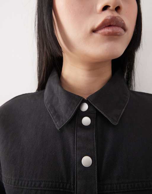 Monki oversized twill shirt dress in washed black | ASOS