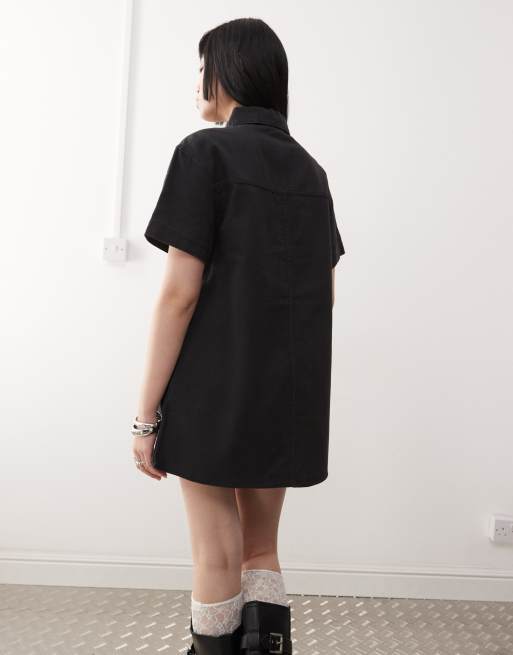 Monki oversized twill shirt dress in washed black | ASOS