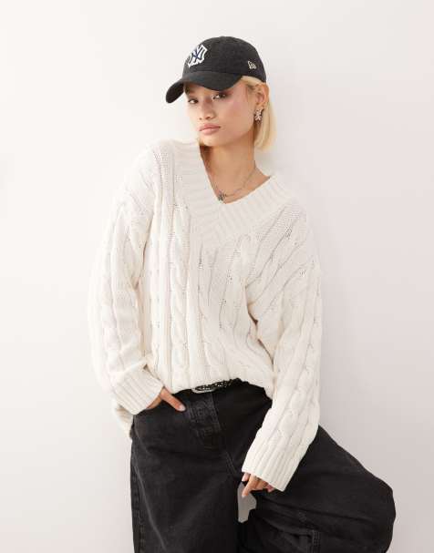 Monki oversized v neck chunky cable knit jumper in off white - view 1