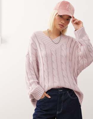 Monki Oversized V-neck Chunky Cable Knit Sweater In Pink
