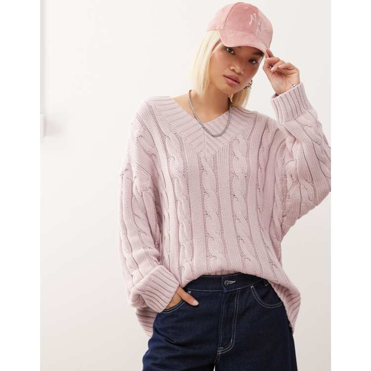 Monki oversized V-neck chunky cable knit sweater in light pink ASOS