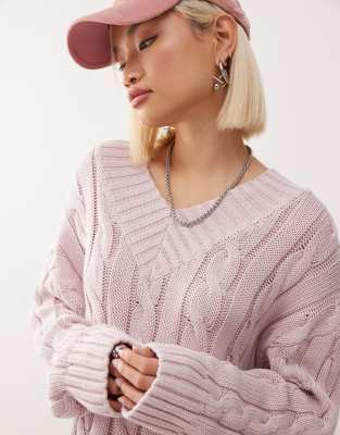 Monki Oversized V-neck Chunky Cable Knit Sweater In Pink